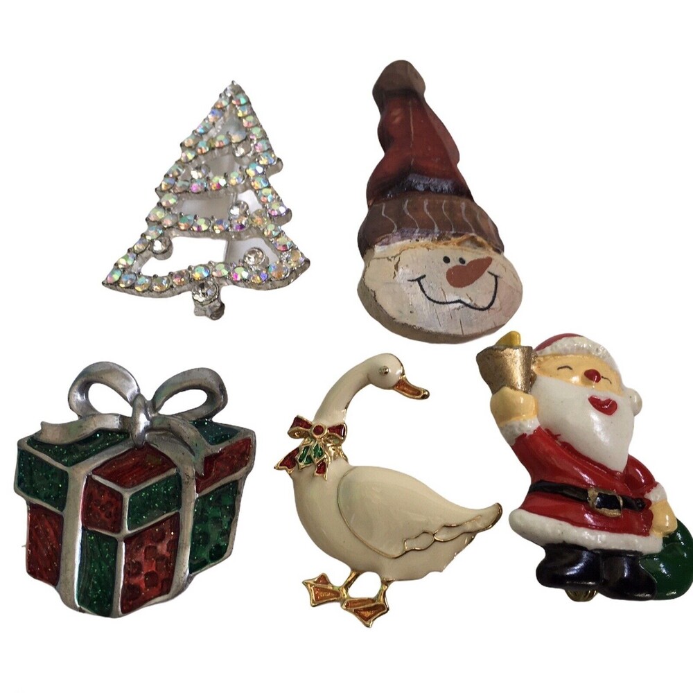 5 Christmas Brooch Pins Santa Present Goose Snowman Tree